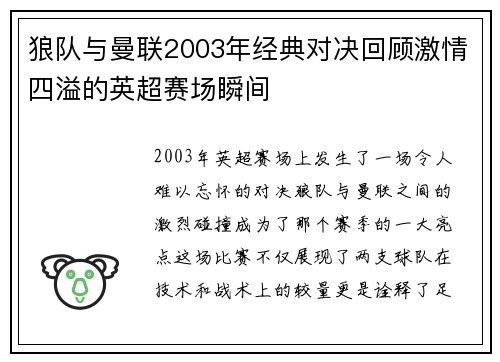 狼队与曼联2003年经典对决回顾激情四溢的英超赛场瞬间